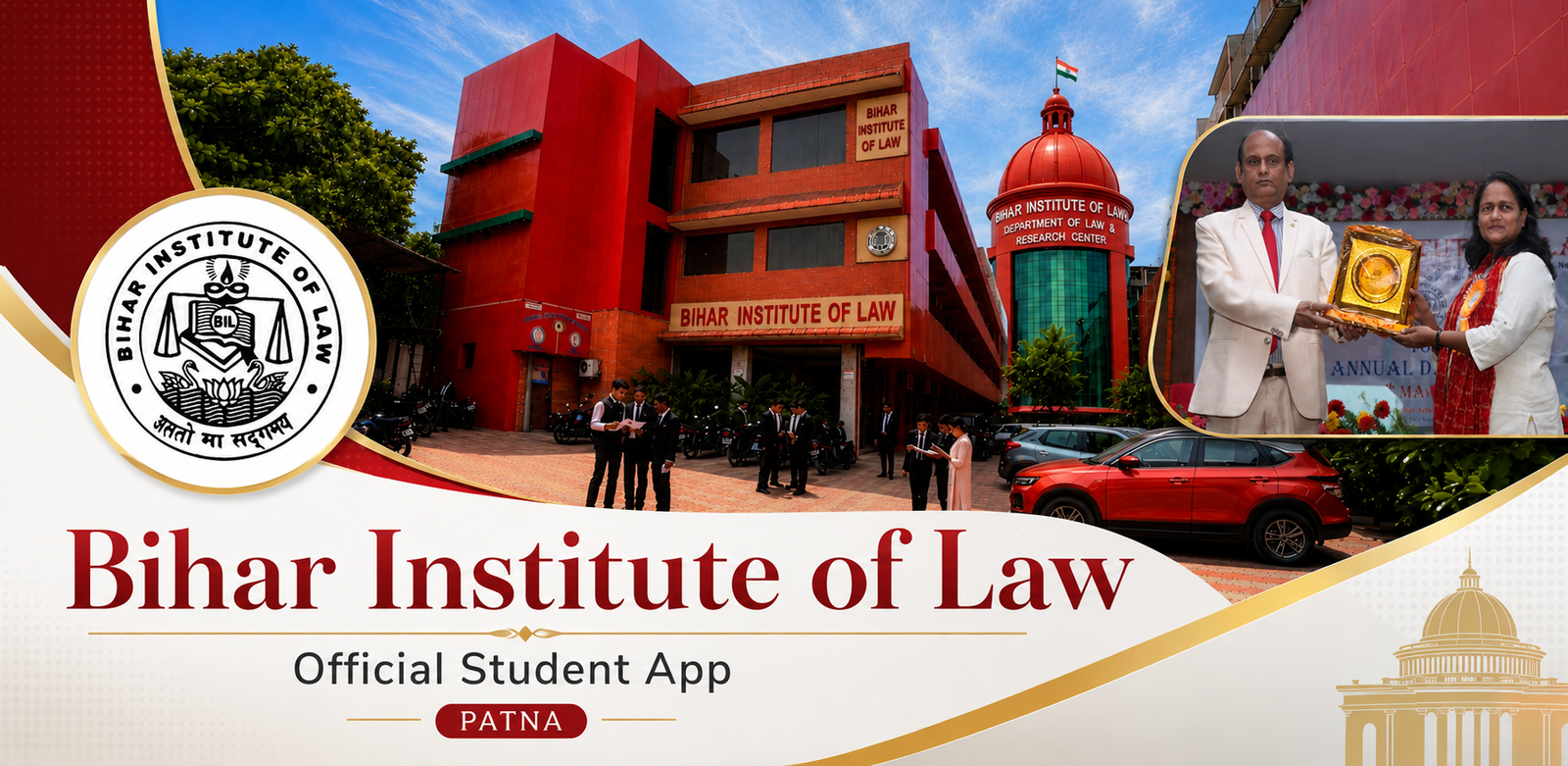 Bihar Institute of Law campus, emblem and official student app artwork